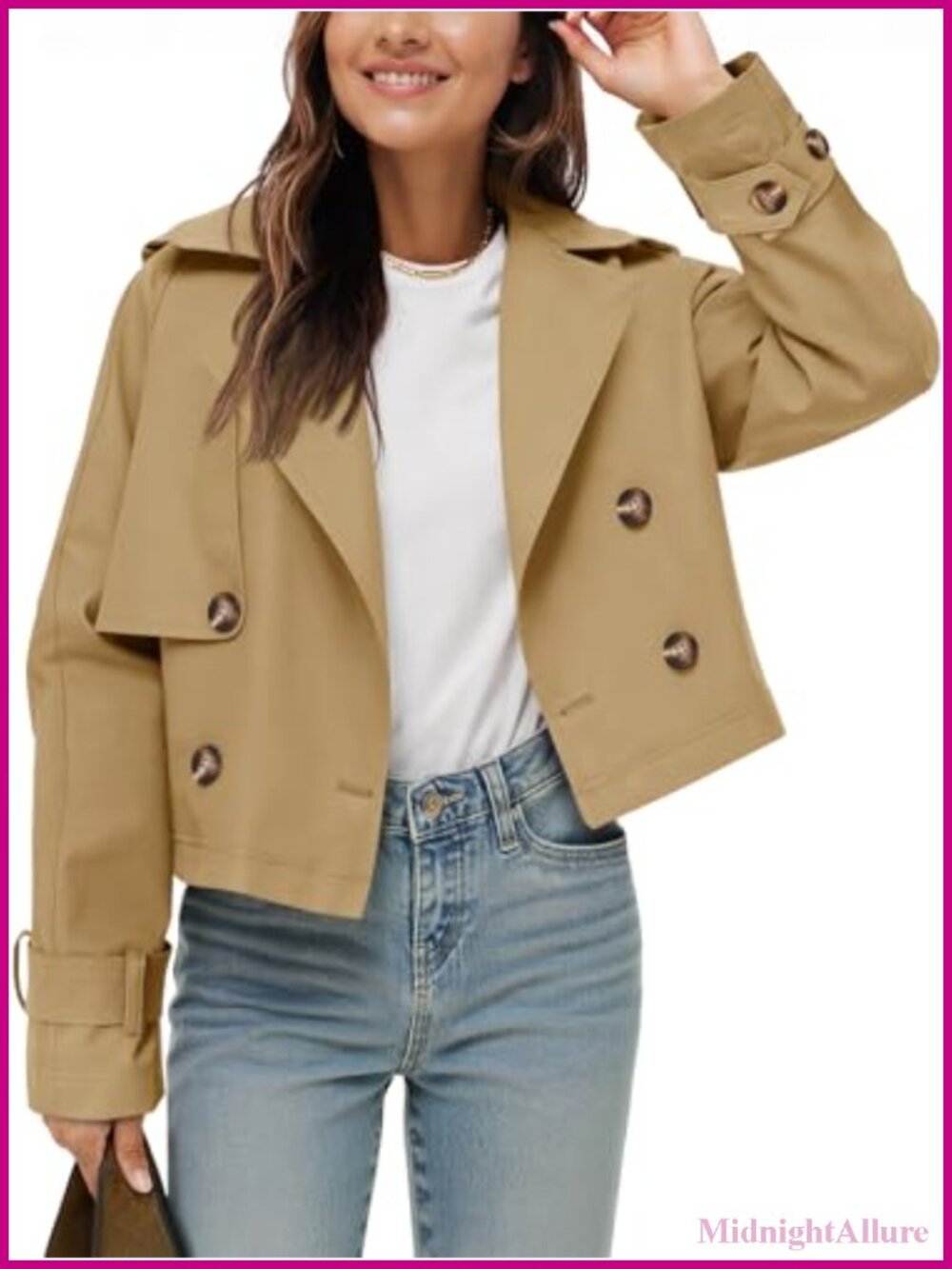 Cropped Trench Coat Women's Oversized Notched Lapel Double-Breasted Button Down